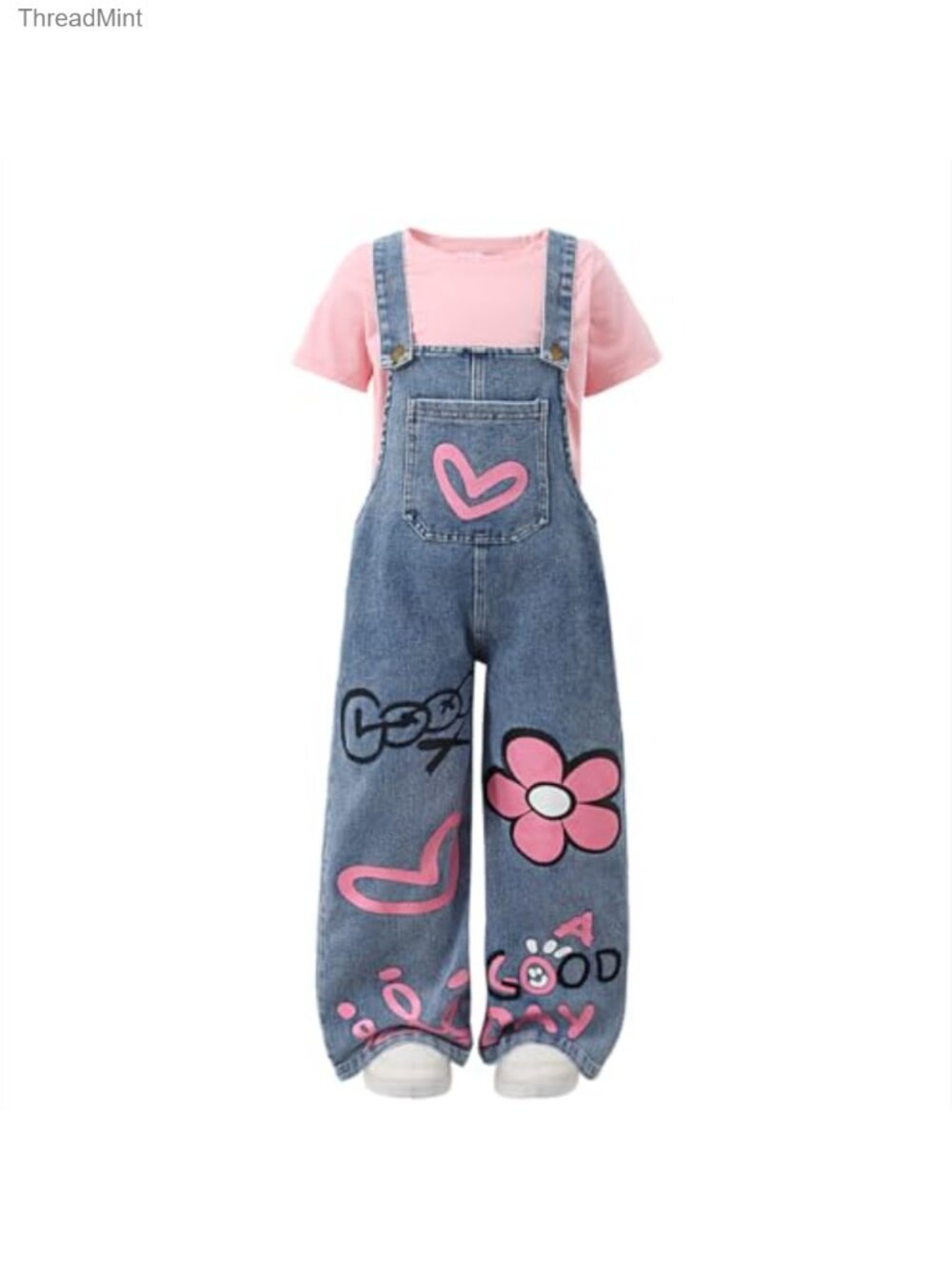 Toddler Girl Denim Overalls Jumpsuit Set with Short Sleeve Top, Summer Outfit